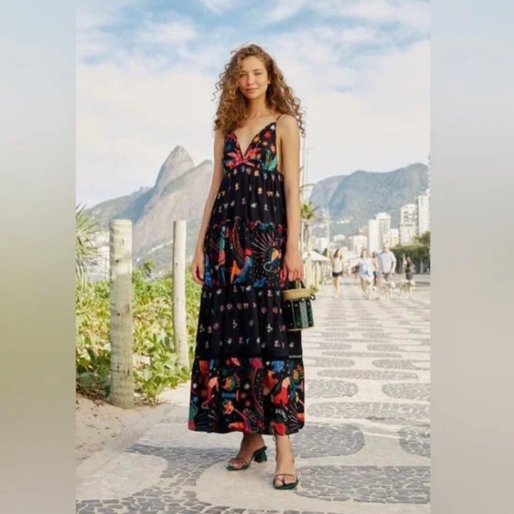 FARM RIO Rio Zodiac Embroidered Maxi Dress Black S NWT $295 - Picture 5 of 12